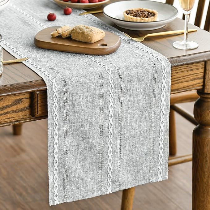 Artoid Mode Grey Rustic Cotton Linen Table Runner, Seasonal Embroidered Hollow Kitchen Dining Table Decoration for Home Party Decor 13x72 Inch
