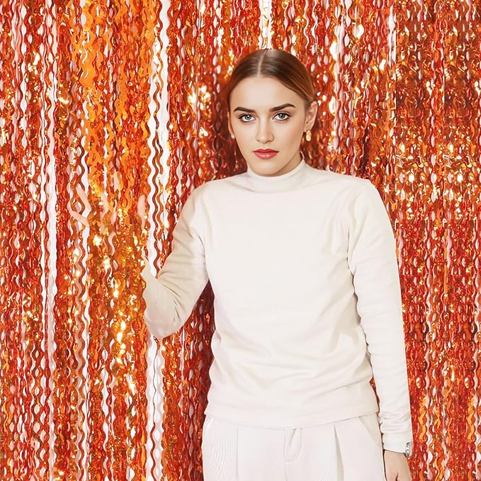 4 Pack Orange Wavy Metallic Tinsel Foil Fringe Curtains | 3.3 ft x 6.6 ft Party Streamer Backdrop Photo Booth for Orange Basketball Party Decorations Holloween Christmas