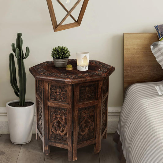 End Tables for Living Room– Hand Carved Vintage Boho Folding Side Tables for Small Spaces, Entryway, Living Room, Bedroom – No Tools Assembly, 18"x18" Octagon, Scorch Burnt Finish