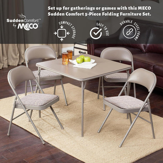 Sudden Comfort 5 Piece 34 x 34 Inch Square Folding Dining Card Table, Tan | with 4 Padded Folding Chairs Furniture Set for Gatherings and Games