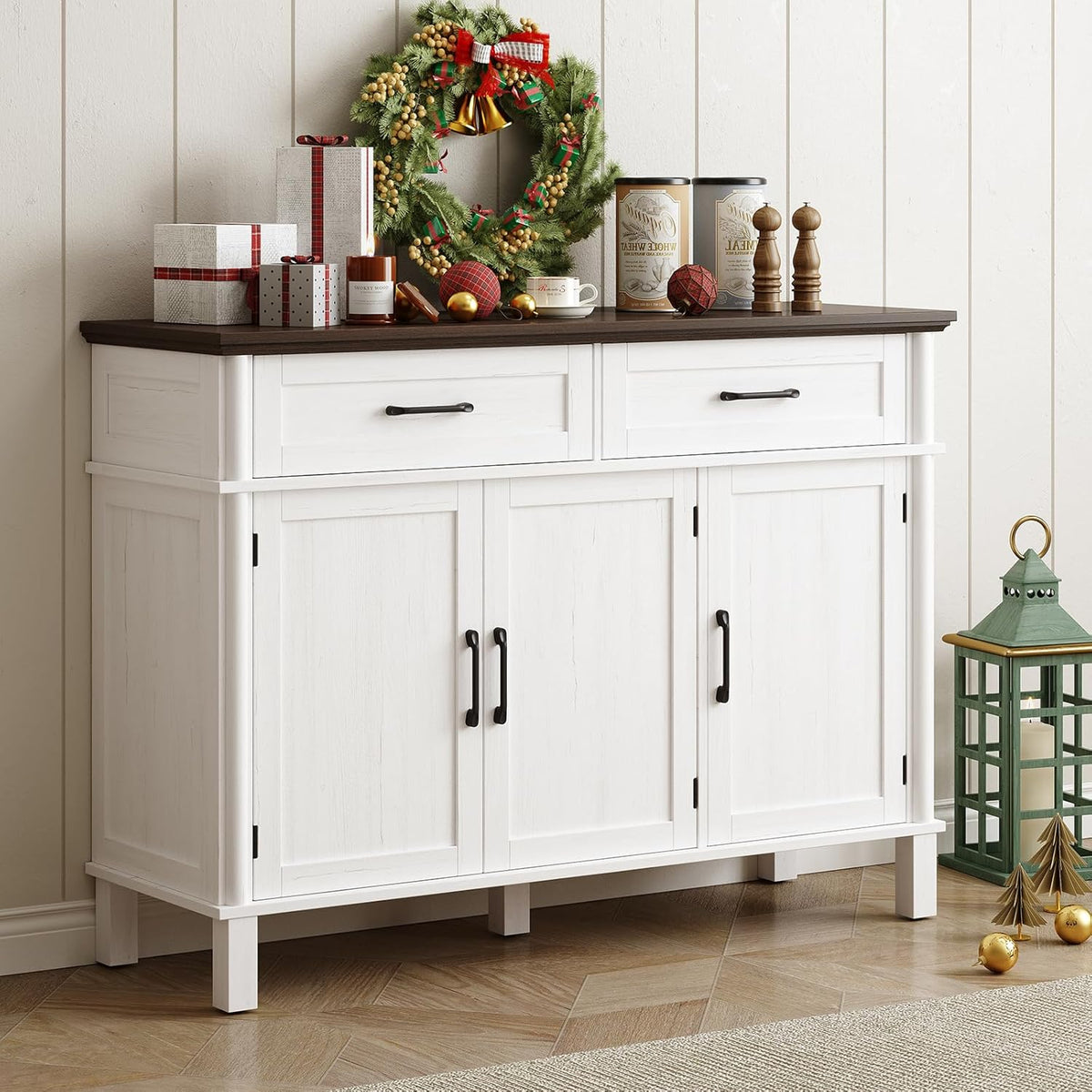 48 Inches Buffet Cabinet with Storage, Farmhouse Sideboard Buffet w/2 Drawers and 3 Doors, Wood Coffee Bar Cabinet with Adjustable Shelves, Sideboard Storage for Kitchen, Living Room, Off White