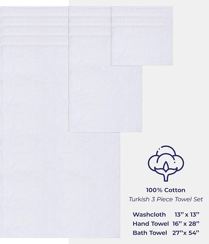 American Soft Linen Premium 3 Piece Towel Set, 1 Bath Towel 1 Hand Towel 1 Washcloth, 600 GSM 100% Cotton Turkish Towels for Bathroom, White Towel Set