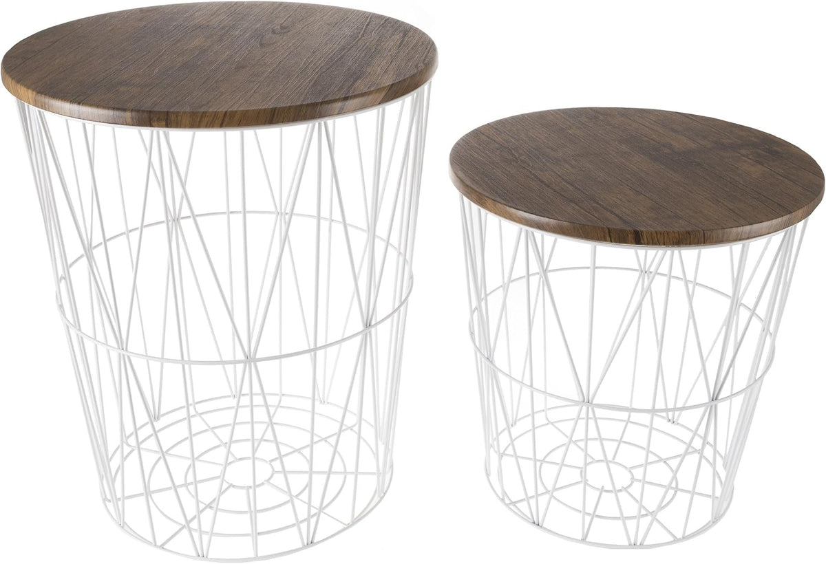 End Tables Set of 2 - Nesting Tables with Removable Wood Tops and Metal Wire Baskets for Blanket Storage - Round Side Furniture for Living Room, Bedroom, or Home Office by Lavish Home (Brown/White)