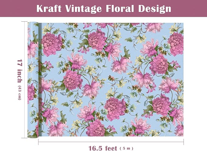 WRAPAHOLIC Kraft Floral Wrapping Paper Roll - Mini Roll - 17 Inch x 16.5 Feet - Vintage Flower Wrapping Paper Perfect for Wedding, Birthday, Bridal Shower, Tea Party