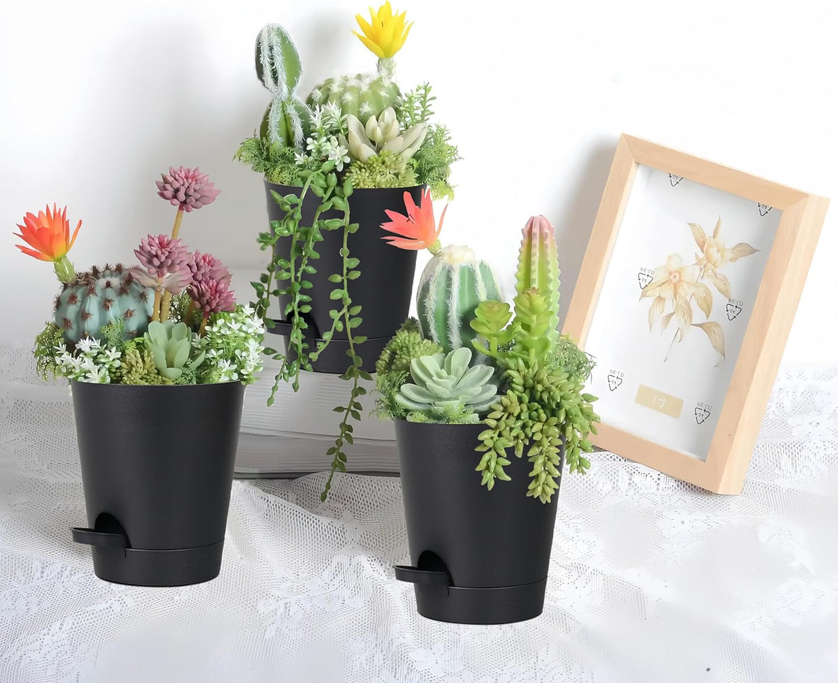 12 Pack 4 Inch Self Watering Plant Pots with Drainage and Saucers,Plastic Flower Pots for Indoor and Outdoor Plants, Nursery Planters for Houseplants and Herbs Black, 4 inch 12pcs