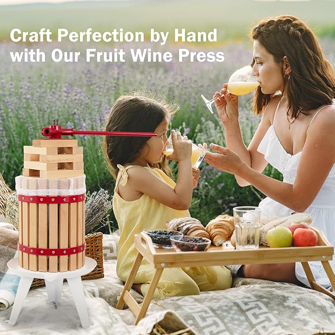 CAELUM Fruit Wine Press, 4.75 Gallon Wood Fruit and Cider Press Squeezer With T-Handle, Juice Maker, Wine Making Press Squeezer for Outdoor, Kitchen(Red)