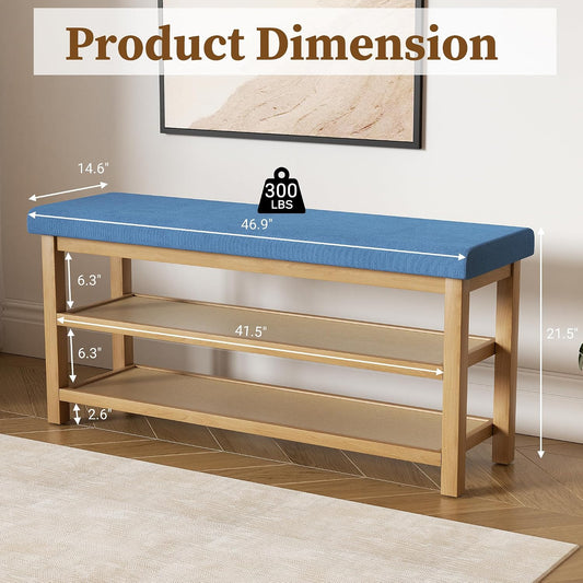 2 Tier Shoe Rack Bench with Cushion, Rubberwood Shoe Benches, Mid-Century Modern Shoe Storage Bench for Entryway, Hallway, Living Room, Closet, Front Door Entrance, Blue
