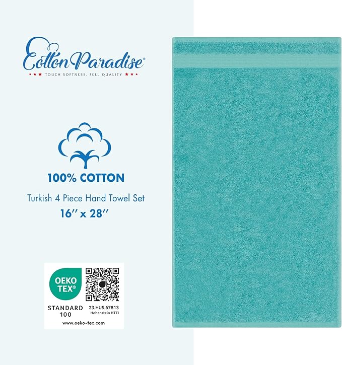 Cotton Paradise Hand Towels for Bathroom, 100% Cotton Turkish 4 Piece Hand Towel Set, Soft Absorbent Face Towels, Turquoise Hand Towels