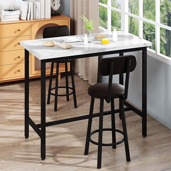 Dining Table Set, 47.2" Rectangle Faux Marble Table with 2 PU Upholstered Backrest Chairs, 3-Piece Kitchen Dining Room Set for Small Spaces, Kitchen Furniture, White