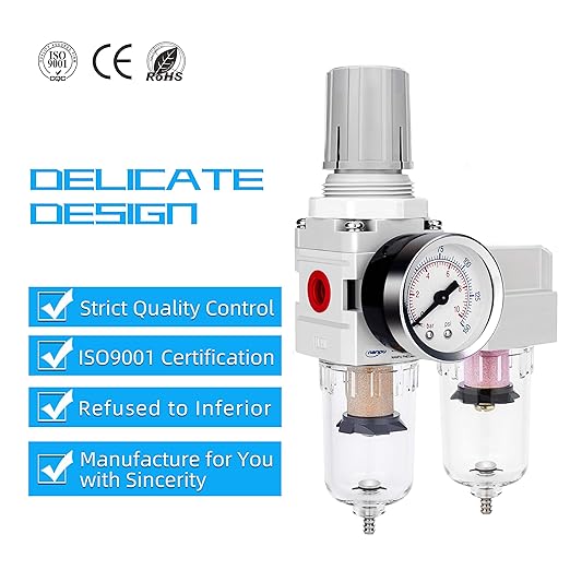 NANPU 1/4" NPT Air Dryer System - 5 Micron Particulate Filter, 0.5 Micron Coalescing Filter & Air Pressure Regulator, Water Trap Separator - Semi-Auto Drain,0-150 psi Gauge, Poly Bowl, Metal Bracket