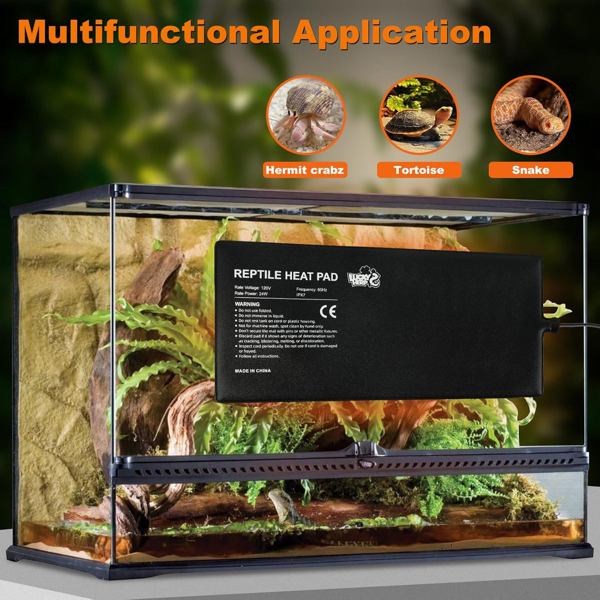 LUCKY HERP Reptile Heat Pad 8x18 Inch 24W Under Tank Terrarium Heating Mat, Reptile Heat Mat, Reptile Heating Pad for Turtle, Lizard, Hermit Crab, Frog, Snake