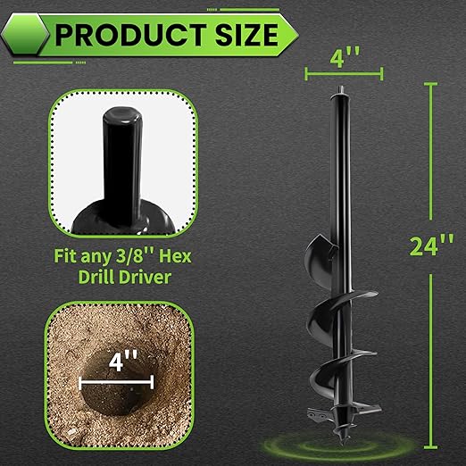 SYITCUN Auger Drill Bit for Planting - 4"X24" Heavy-Duty Auger Post Hole Digger for Fence- 3/8" Hex Drive Drill