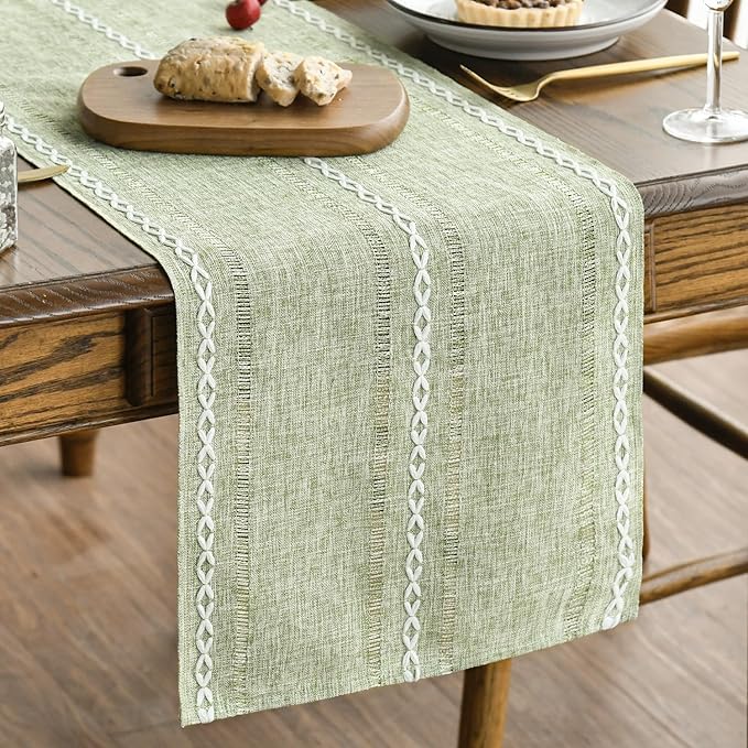 Artoid Mode Sage Green Rustic Cotton Linen Table Runner, Seasonal Embroidered Hollow Kitchen Dining Table Decoration for Home Party Decor 13x60 Inch
