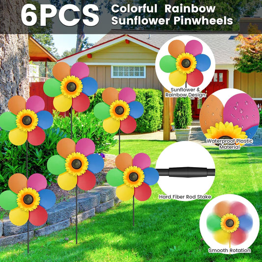 6PCS Sunflower Wind Spinners with Stakes 14" W x 29" H Wind Spinners Lawn Pinwheel Rainbow Windmill Outdoor Pinwheels for Yard Decoration(Rainbowcolors)
