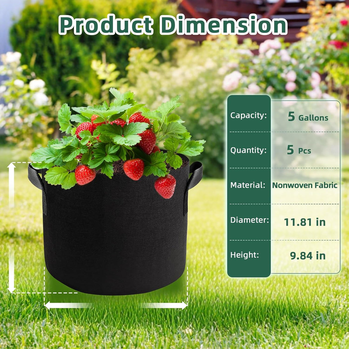 5 Pack 5 Gallon Grow Bags, Thickened Aeration Nonwoven Fabric Plant Pots with Handles, Heavy Duty 300G Garden Planting Bag for Tomato, Potato, Strawberry, Vegetable, Fruits and Flowers