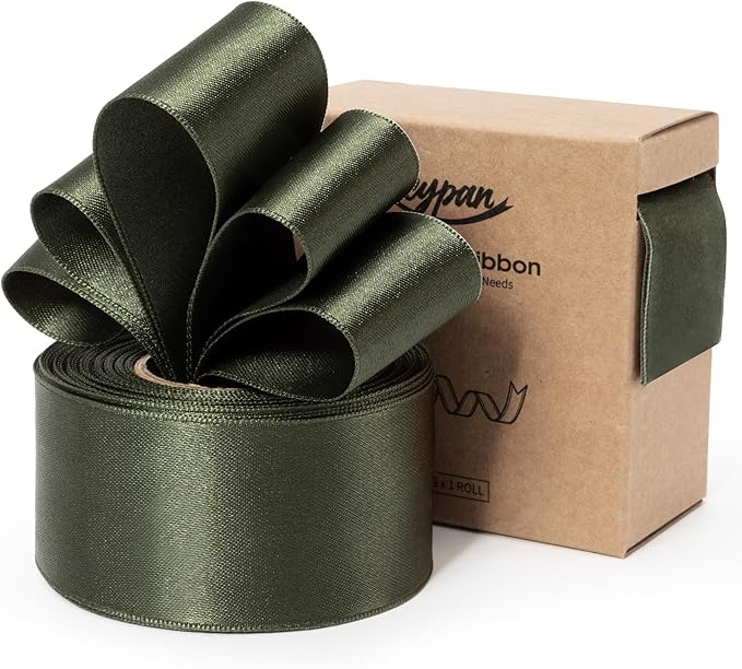 Moss Green Satin Ribbon Double-Faced Wired Ribbons for Gift Wrapping Flower Bouquet Bows Wedding Invitation Christmas Decor Crafts 1-1/2 Inch 10 Yards