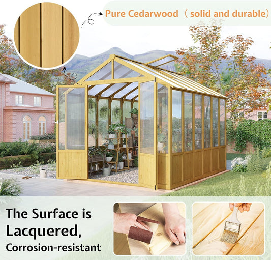 Jocisland 8x9.5x7.5 Ft Wooden Greenhouse, Pre-Assembled Solid Cedar Frame, Walk-in Design, Lockable Door, Adjustable Roof Vents, Polycarbonate Panels for Outdoor, Garden, Backyard