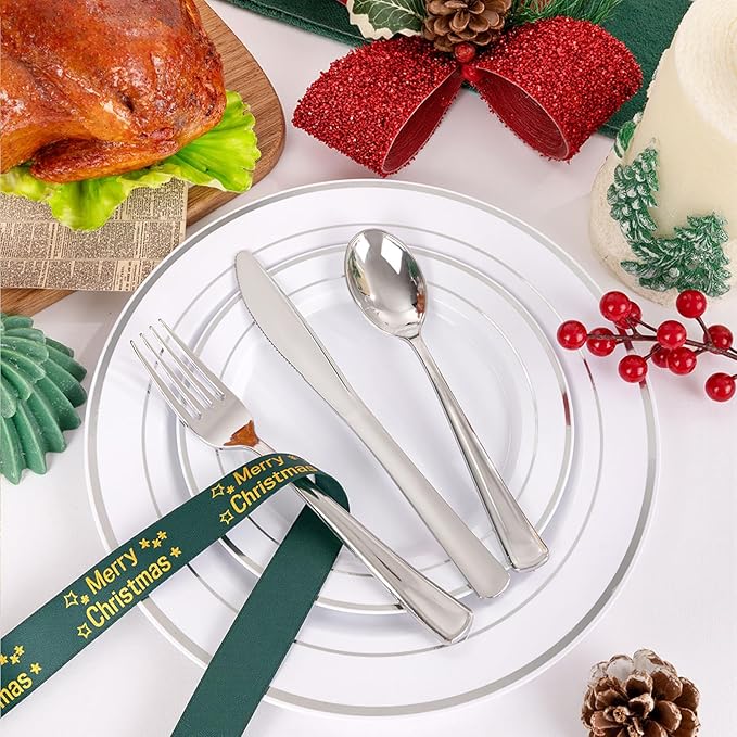 WDF 180 Pieces Silver Plastic Silverware - Silver Plastic Cutlery - Fancy Plastic Silverware Heavy Duty - 60 Forks 60 Knives 60 Spoons - Disposable Plastic Utensils Perfect for Party/Wedding/Christmas