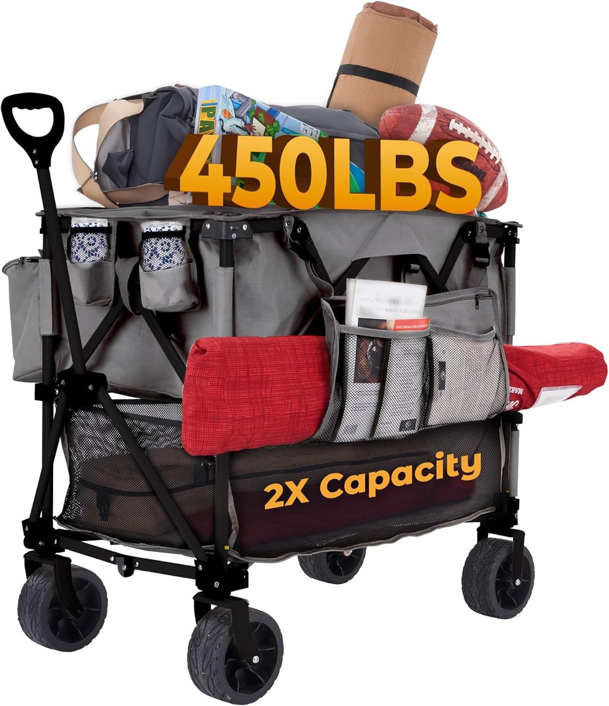 400L Collapsible Folding Double Decker Beach Wagon |Heavy Duty Utility Cart Extender|Supports 450lbs|All-Terrain Big Wheels with Breaks for Sports Camping (Grey/Grey)