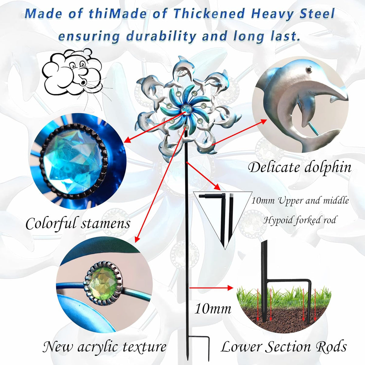 39" Dolphin Wind Spinners Metal Windmill Garden Stake,Ocean Theme Outdoor Wind Spinner,Wind Sculptures Yard Art Decorations for Patio,Lawn & Garden Decor