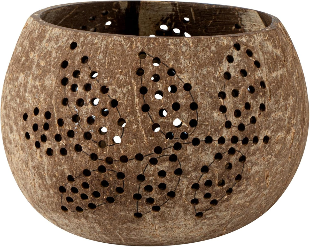 Restaurantware-Coco Casa 4 x 3.3 Inch Coconut Shell Candle Holders, 1 Reusable Tealight Holders - Candle Not Included, Leaf Pattern, Brown Coconut Bowls For Candles, Handcrafted