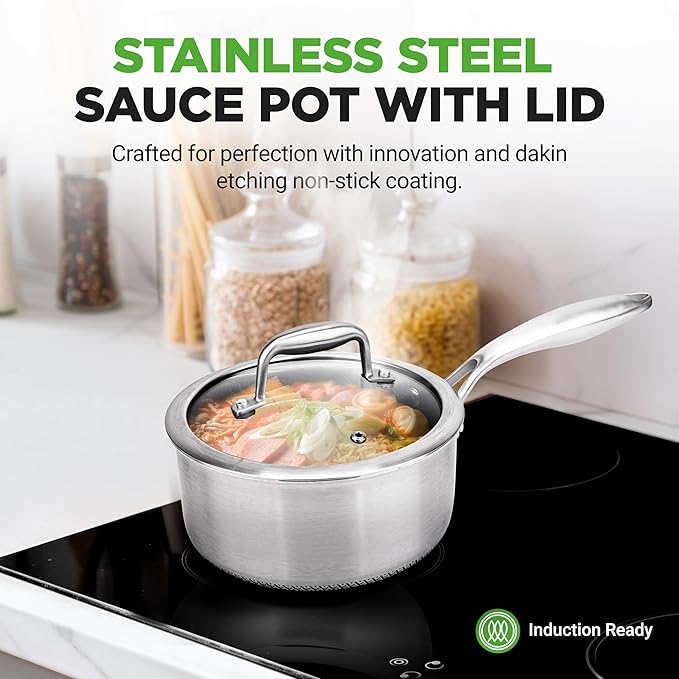 NutriChef 2 QT Stainless Steel Sauce Pot - Triply Kitchenware Sauce Pot with Glass Lid - DAKIN Etching Non-Stick Coating, Scratch-resistant Raised-up Honeycomb Fire Textured Pattern - NutriChef NC3PSP