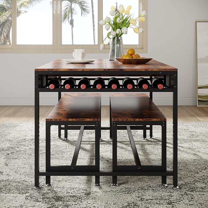 Loomie 63" Dining Table Set for 4-6, 3-Piece Kitchen Table with 2 Utensil Drawers, 2 Benches & Wine Rack, Modern Space Saving & Heavy Duty Dinner Table Set with Metal Frame & MDF Board,Rustic Brown