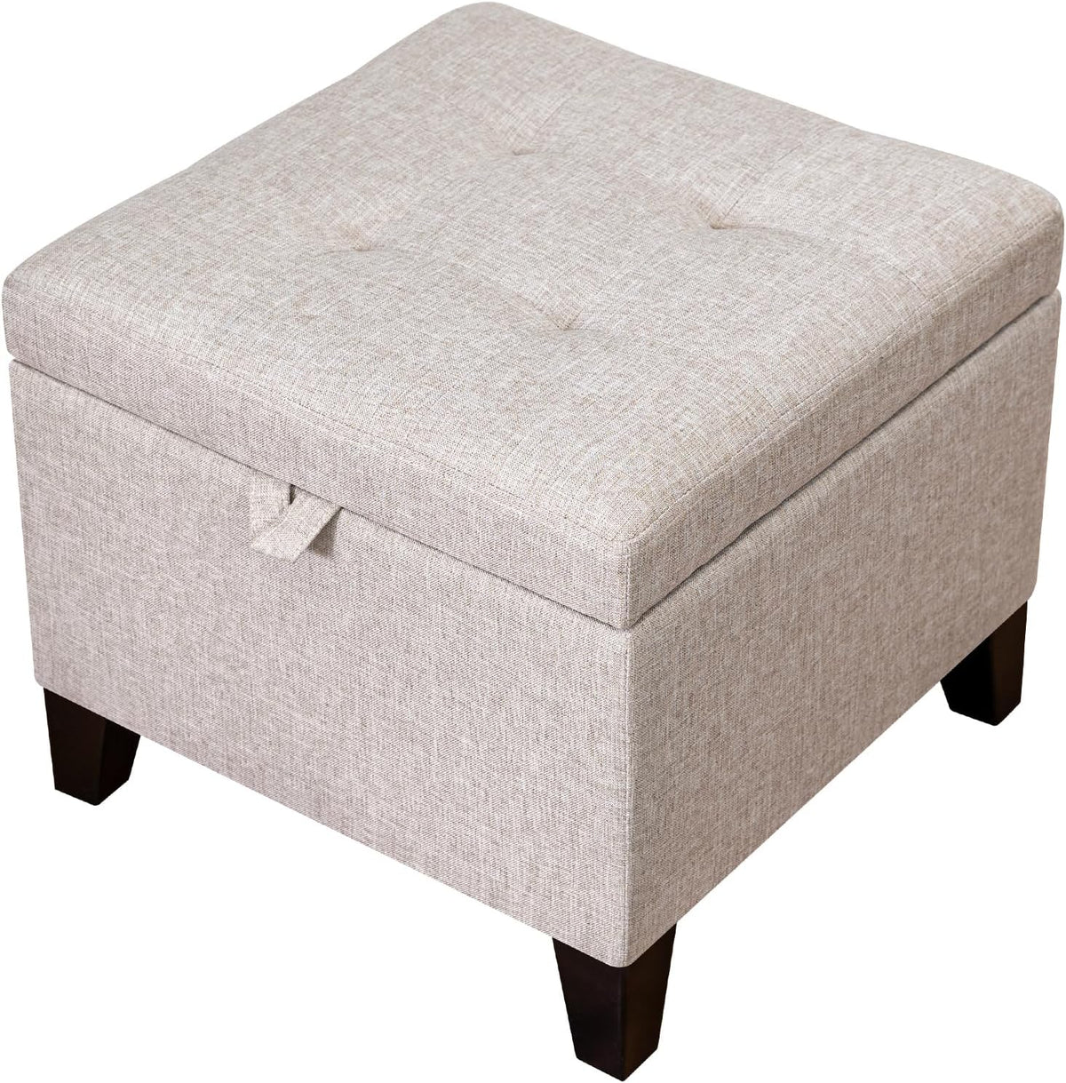 Adeco 18 Inch High Cube Ottoman Storage, Linen Chair Foot Stools, Upholstered Vanity Stool with Hinged Lid, Solid Wood Legs (Beige Grey)