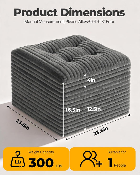 23.6in Pouf Ottoman, Corduroy Footstool Foot Rest Floor Seating | Dual-layer support with soft chunk-foam top & firm base. Ideal floor footrest & extra seating for living room, Dark Gray