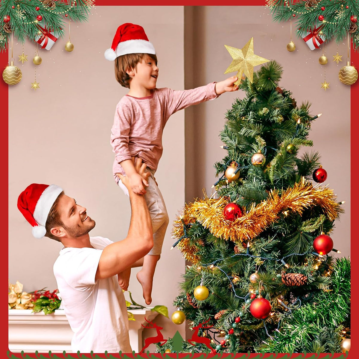 Glitter Christmas Star Tree Topper for Holiday Decorations, Christmas Tree Decoration for Holiday Ornament and Home Decor, Shatterproof Tree Toppers for Party Indoor & Outdoor-Gold 8 inch