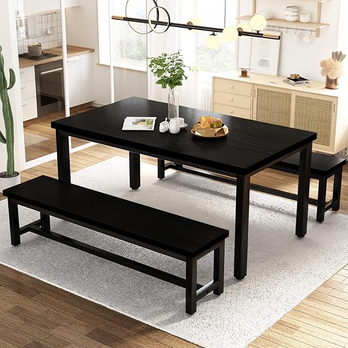 AWQM Dining Table Set for 4, Kitchen Dining Table with 2 Benches, Dining Room Table Set with Metal Frame & Thickened Board for Kitchen, Restaurant, Black, 43'' Breakfast Table Set (A006-11H2-L)