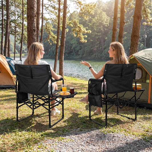 Romswi 2Pack Director Chairs for Outdoor, Folding Camping Chair, Compact Directors Chair Side Table and Side Bag, Heavy Duty Oversize Chair for Beach Fishing Picnic, Holds up to 400 lbs Black