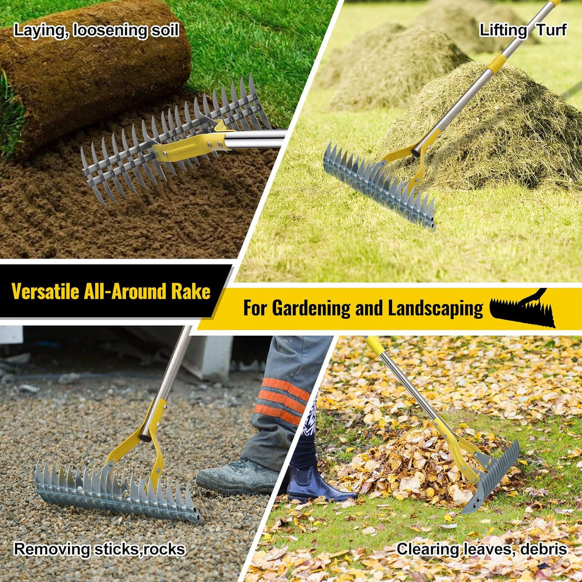 2 in 1 Rake: Stainless Steel Garden Rake for Leaves,Thatch,55” Heavy Duty 19 Tines Lawn Manual Dethatcher with Adjustable Head,Thatching Rakes for Lawn Yard Grass, Debris Removal, Soil Loosening