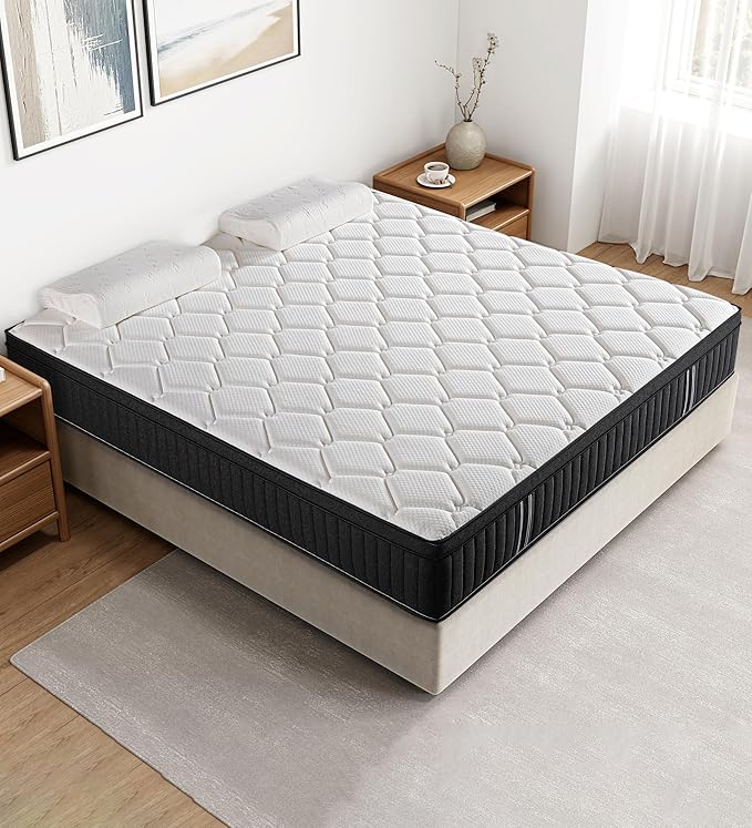 Queen Mattresses,14 Inch Queen Size Mattresses in a Box,Memory Foam Hybrid White & Black Mattress with Provide Support and Improve Sleep,Pressure Relief,Medium Firm