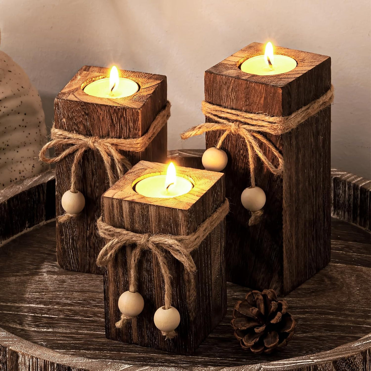 MelonBoat Rustic Wood Candle Holders: Farmhouse Candle Holders with Battery Operated Candles,Rustic Farmhouse Decor, Flameless LED Candles 3-Pack for Living Room Party Holiday Home Decor