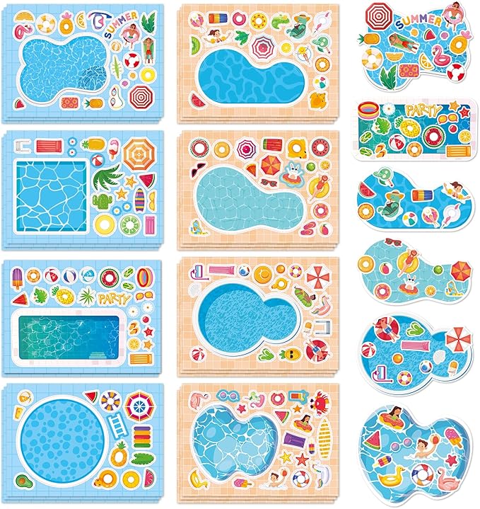 Aowplc 32 Sheets Make‑a‑Pool Stickers for Kids – Mix & Match Craft Kit – Summer Party Favors & Activities