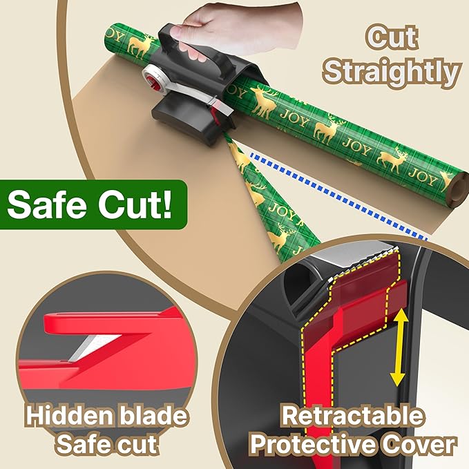 (2-Pack) Wheel Wrapping Paper Cutter & Tape Dispenser with 4 Tapes,2 Replace Blades Kit for Christmas Gift Wrap Cutter Tool Paper Roll Holder Tube Sliding Slicing for Birthday Holiday.