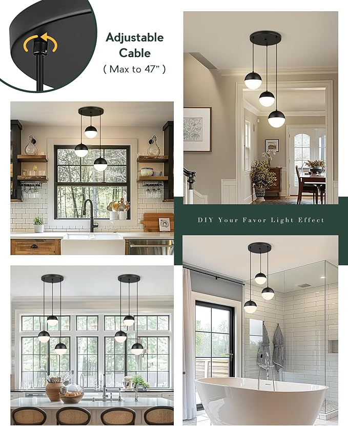 LMS Mid Century 3-Light Cluster Pendant Lights, Matte Black Kitchen Island Light Fixtures with White Globe Glass Shade, Adjustable Hanging Light for Home Office Bathroom Dining Room, LMS-186BK3