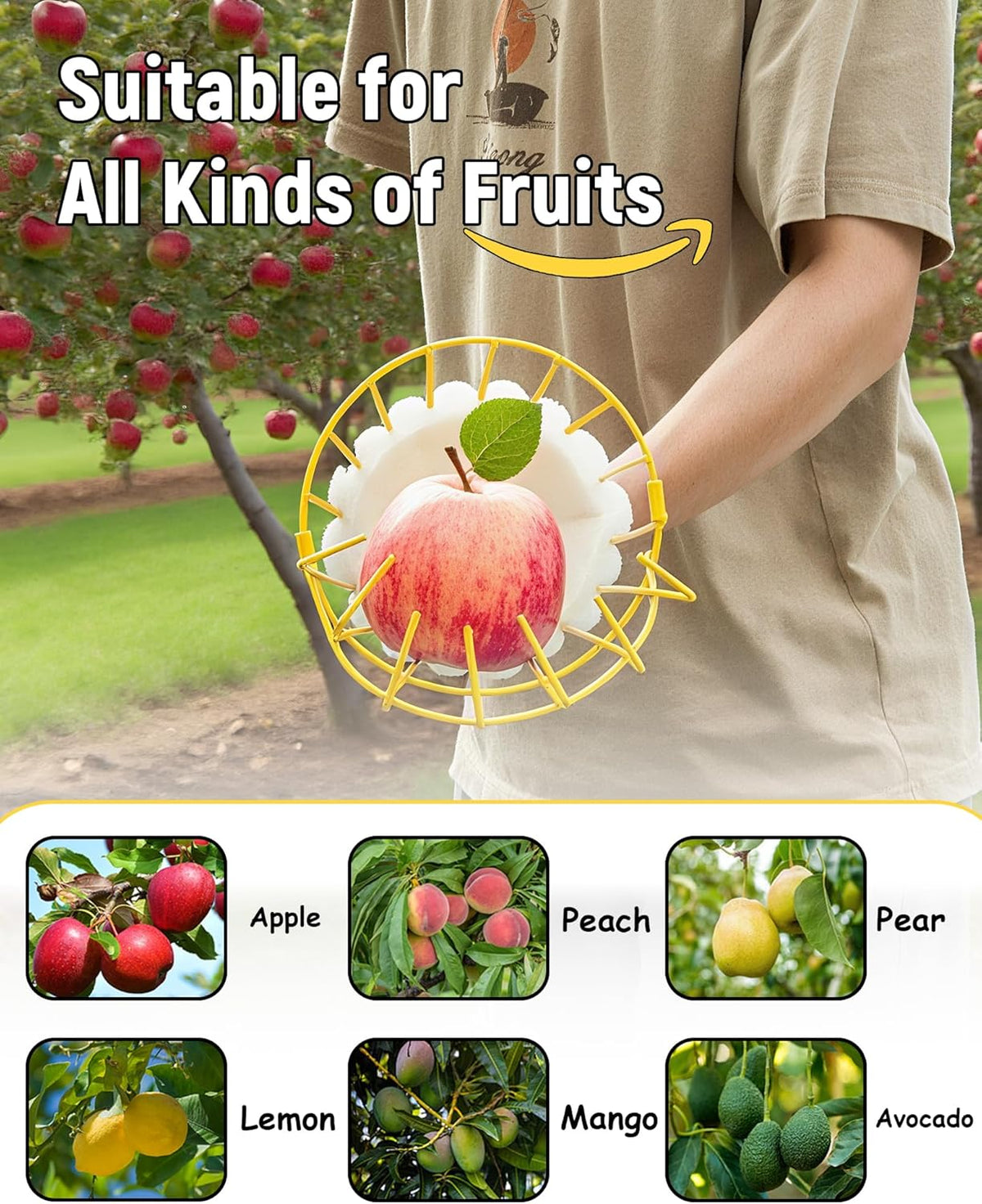 13.5FT Fruit Picker, Apple Picker Tool with Adjustable Pole and Basket, Long Reach Mango Grabber Tool, Tree Fruit Catcher for Picking Lemon Pear Orange Avocado Peach Citrus