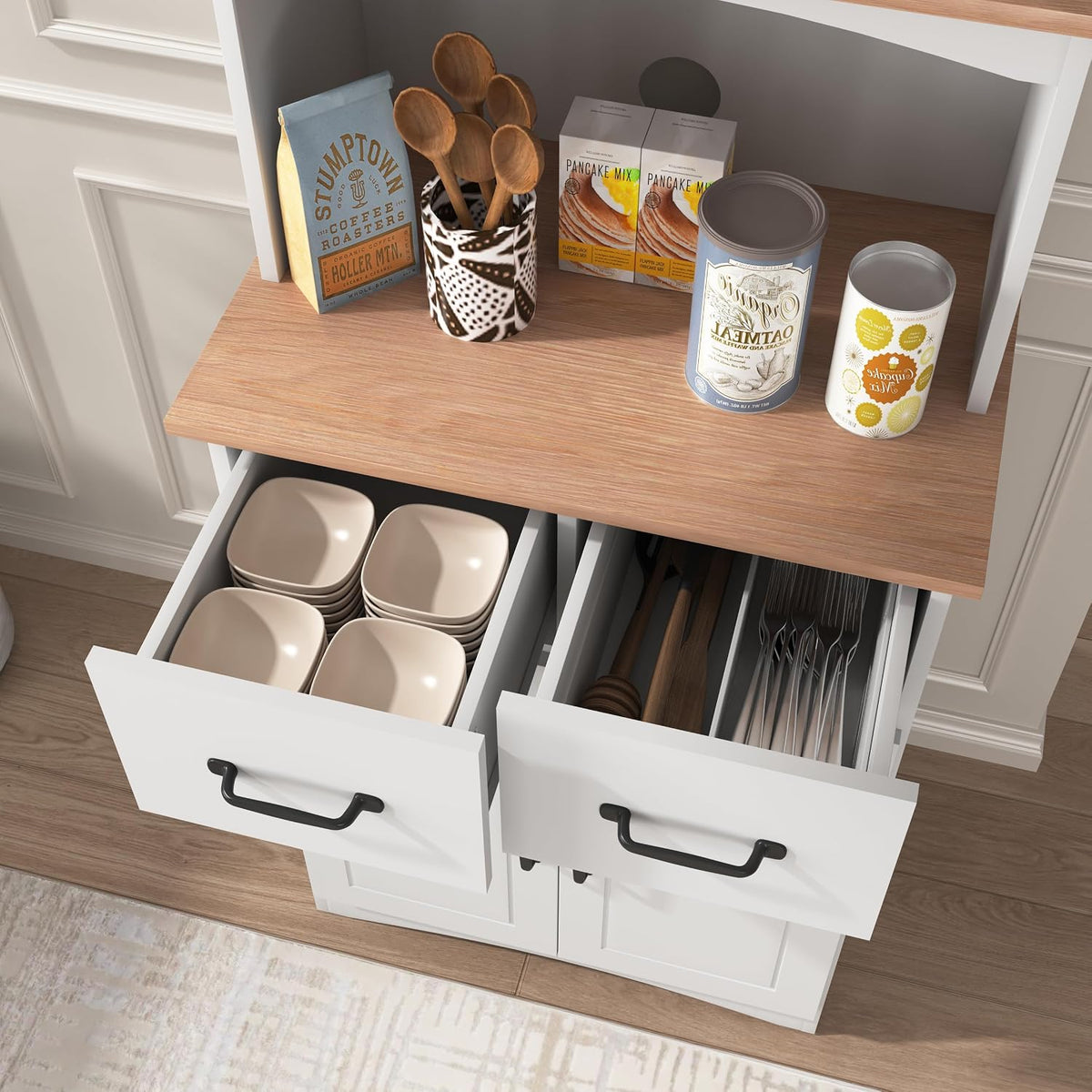 Modern White Wooden Kitchen Pantry Cabinet with Microwave Stand, Storage Drawer & Adjustable Shelf – Space-Saving Organizer for Small Kitchens