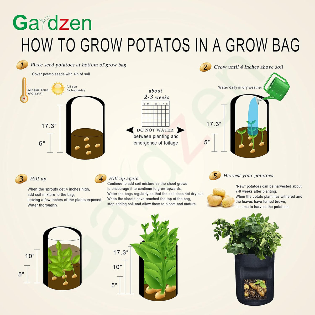 Gardzen 6 Pack BPA-Free 10 Gallon Vegetable Grow Bags with Access Flap and Handles, Suitable for Planting Potato, Taro, Beets, Carrots, Onions, Peanut