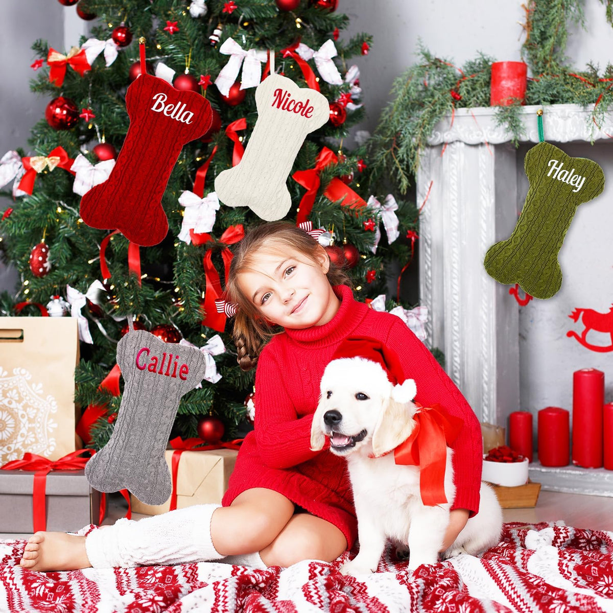 Personalized Pet Christmas Stocking,18 inch Custom Name Knit Christmas Stockings for Dog,Large Bone Xmas Stockings (Set of 1)