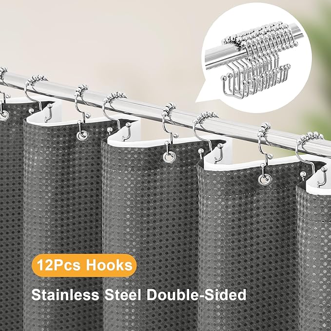 3 in 1 Extra Long Charcoal Grey Shower Curtain Set-72 W x 84 H, Modern Waffle and PEVA Liner Set with 12 Stainless Steel Hooks, Waterproof Fabric for Bathroom