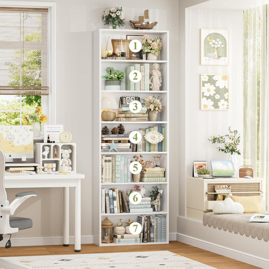 FACBOTALL 82" Tall Bookshelf, 7-Tier Open Shelves Bookcase, Freestanding Display Storage Shelves, Tall Bookcase Home Decor Furniture for Home Office, Living Room, Bedroom, White