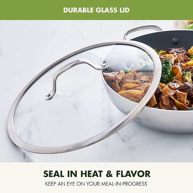 GreenPan Valencia Pro Tri-Ply Stainless Steel 12” Wok with Lid, Healthy Ceramic Nonstick PFAS-Free PFOA- Free Coating, Multi Clad Cookware, Induction, Dishwasher Safe, Oven and Broiler Safe