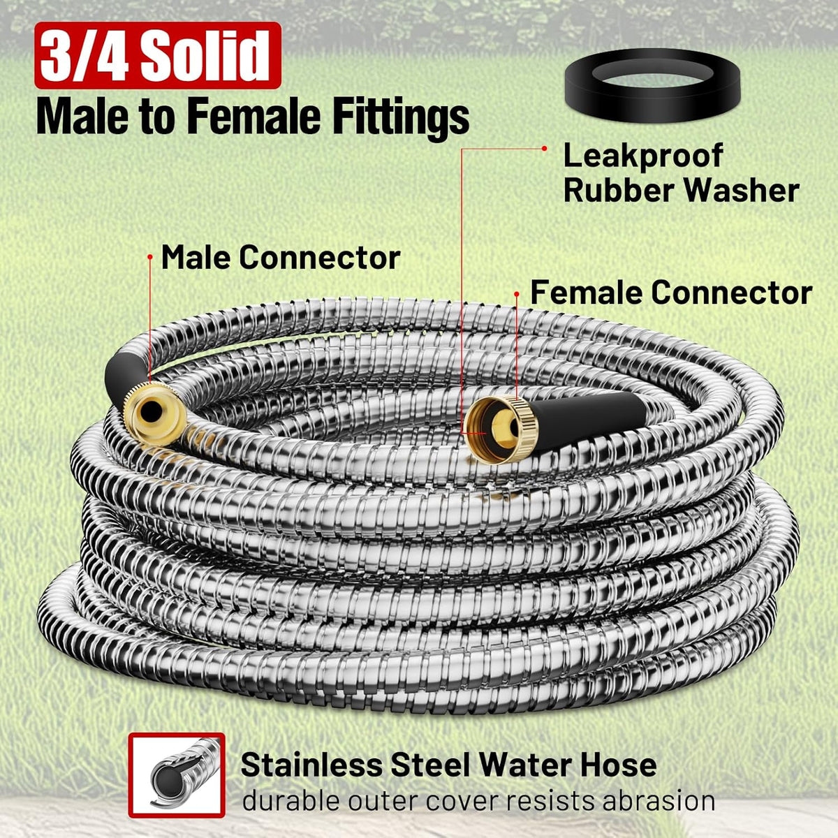 Garden Hose 25 ft, Stainless Steel Metal Water Hose 25 Feet with Nozzle, Flexible, Rust Proof, No-Kink, Heavy Duty, Leakproof 3/4 in Fittings, Lightweight Metal Hose, BT25S Model