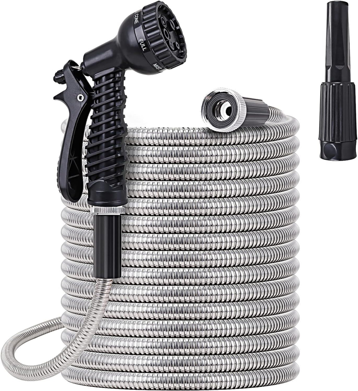 FOXEASE Stainless Steel Garden Hose 75 ft - Metal Water Hose with 2 Nozzles, Lightweight, Tangle Free & Kink Free, Heavy Duty, High Pressure, Flexible, Dog Proof