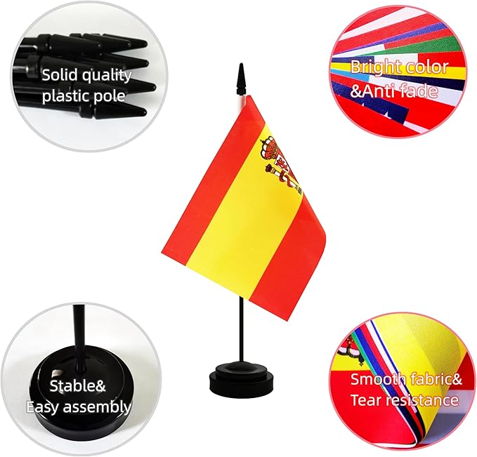 2 Pack Spain Desk Flag, Spanish Table Office Flag with Solid Pole and Stand Base, International Country Flag, Festival Celebration, Classroom Meeting Desktop Decoration (Spain)