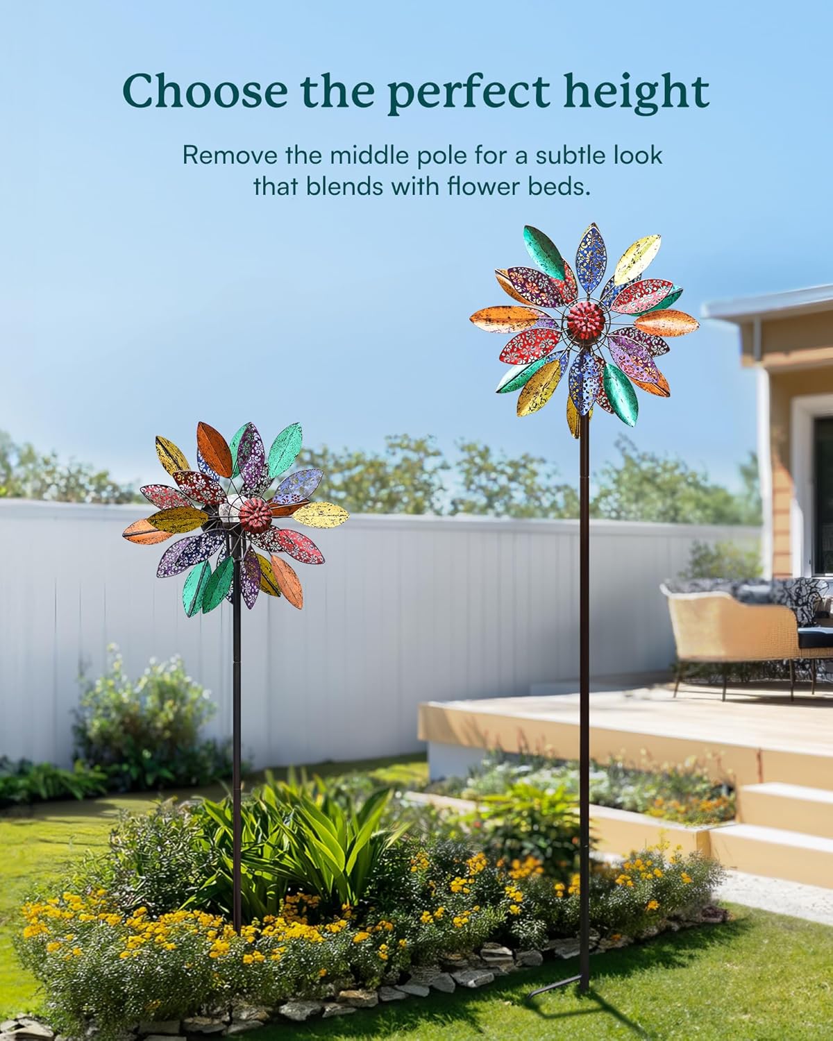 Solar Garden Wind Spinners with Light, Metal Yard Wind Spinners with Stake for Outdoor Lawn Decor (20" W x 77" H)