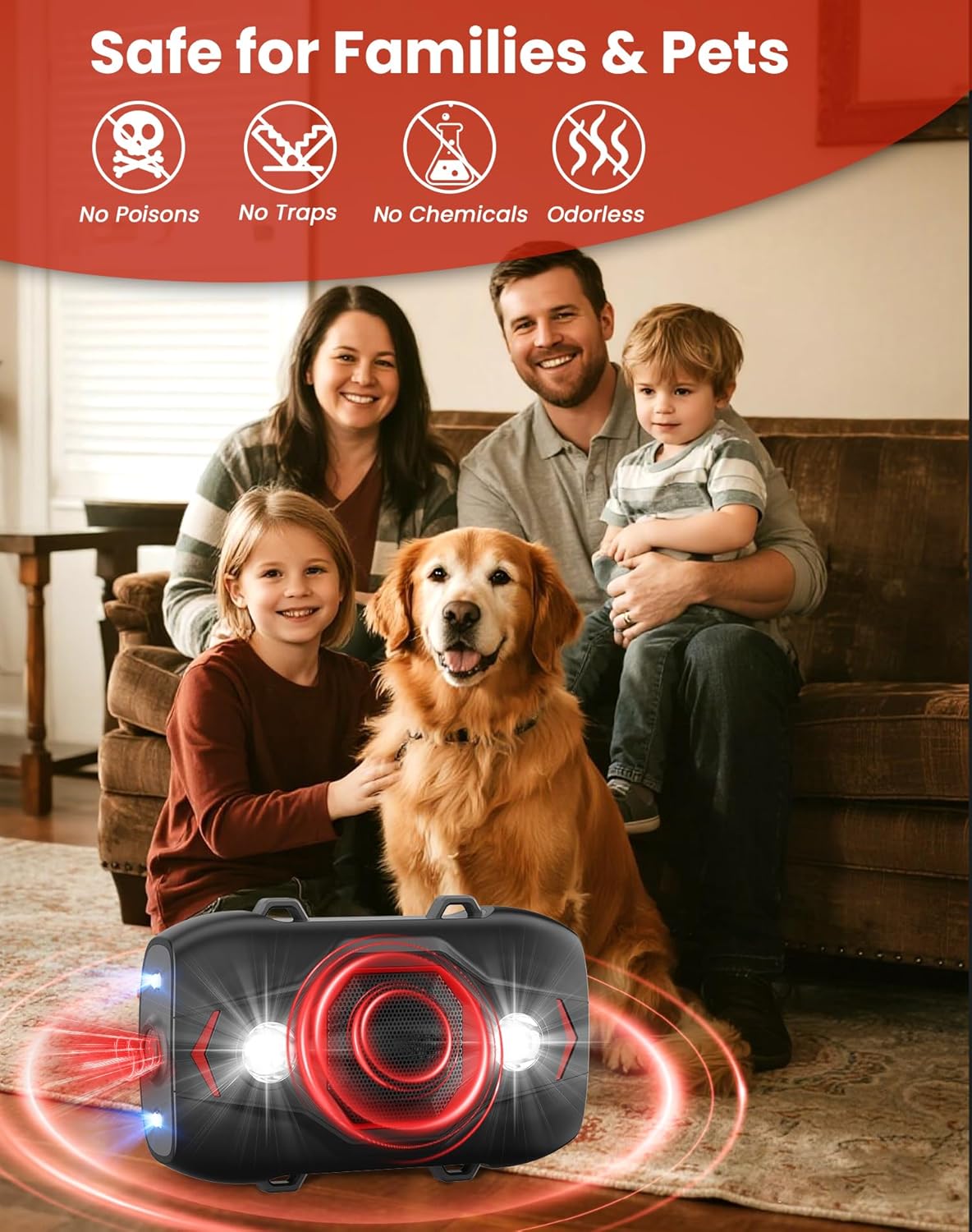 Ultrasonic Rodent Repellent for Car Engines, Under Hood Mouse Repellent with 4 LED Strobe Lights, USB Powered, Keep Rats, Mice and Squirrels Away from Vehicles, RVs, Garages, Attics (1, Black)
